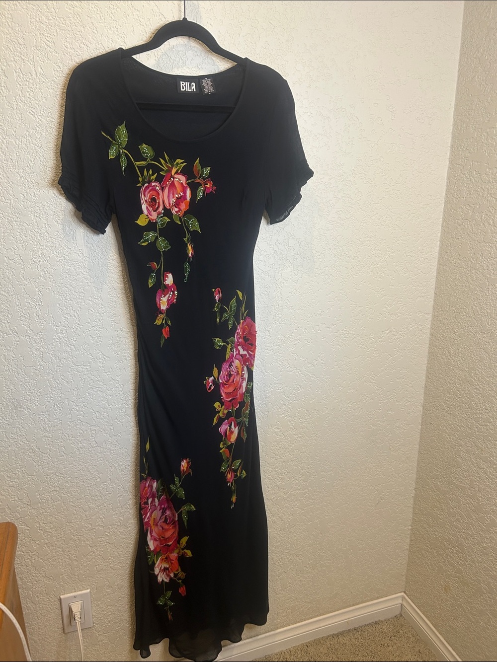 Bila Black Maxi Dress with Pink Rose Print